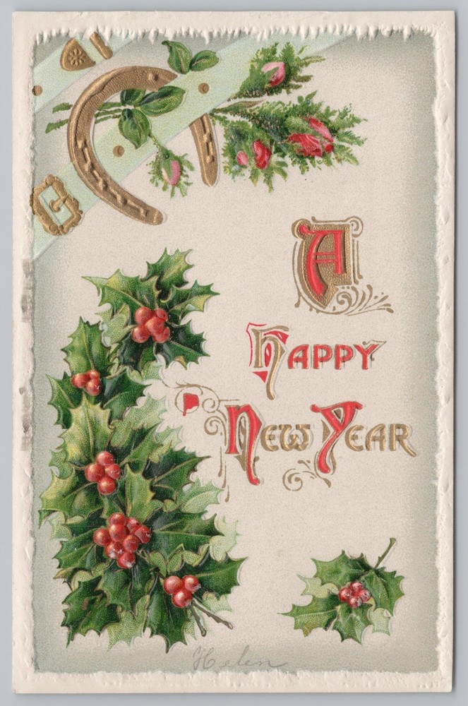 Holiday~Holly Horseshoes & Red Flowers New Year Greeting~Vintage Postcard