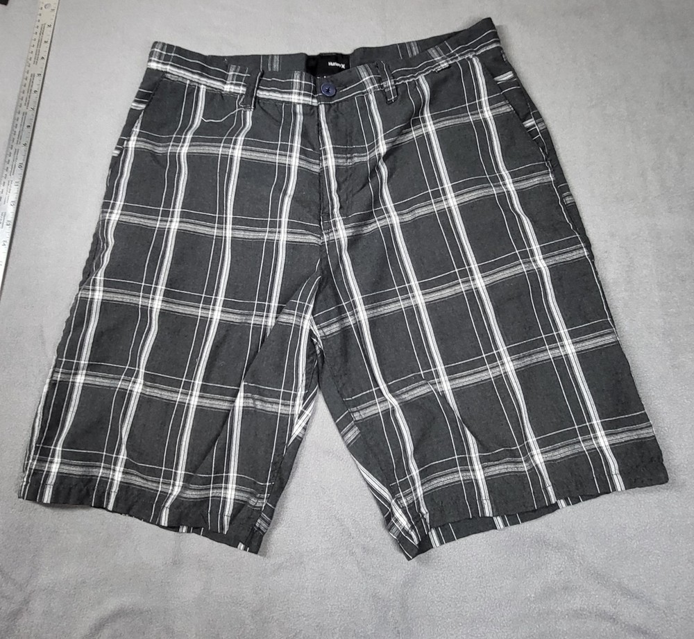 Hurley Plaid Walk Shorts Mens Size 34 Dark Grey White Check Flat Front Casual
