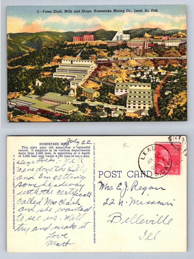Lead, SD-South Dakota, Homestake Mine Yates Shaft Mills Vintage c1952 Postcard