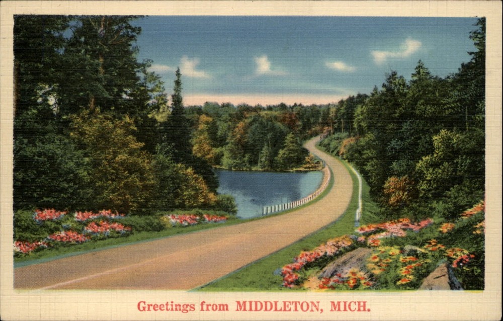 Michigan Middleton Greetings from road scene ~ 1930s linen postcard sku353
