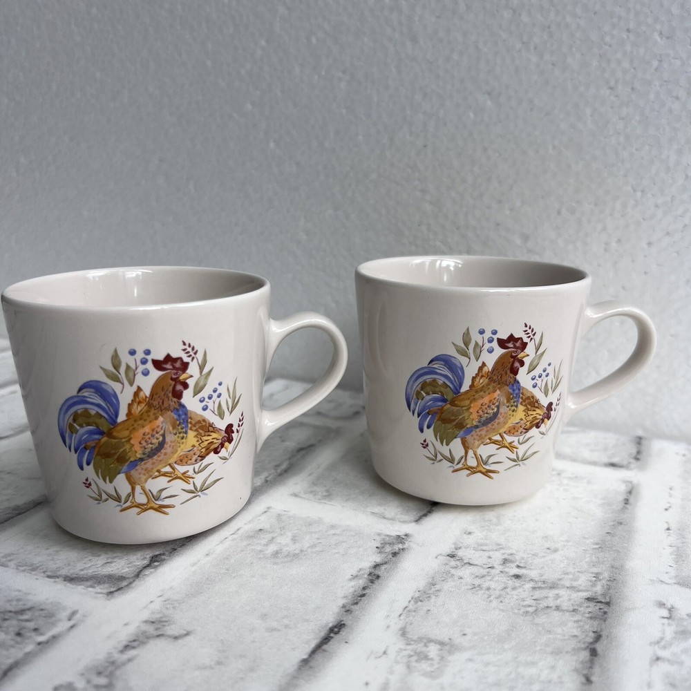 Corelle Set Of 2 Coordinates Country Morning Rooster Coffee Mugs Tea Cups