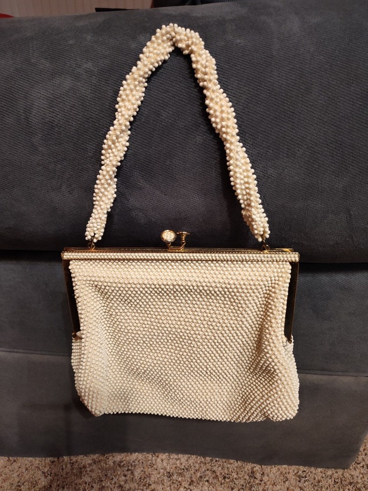 VTG 50's Corde-Bead White Cream Ivory Beaded Purse & Handle Evening Bag TAGS USA