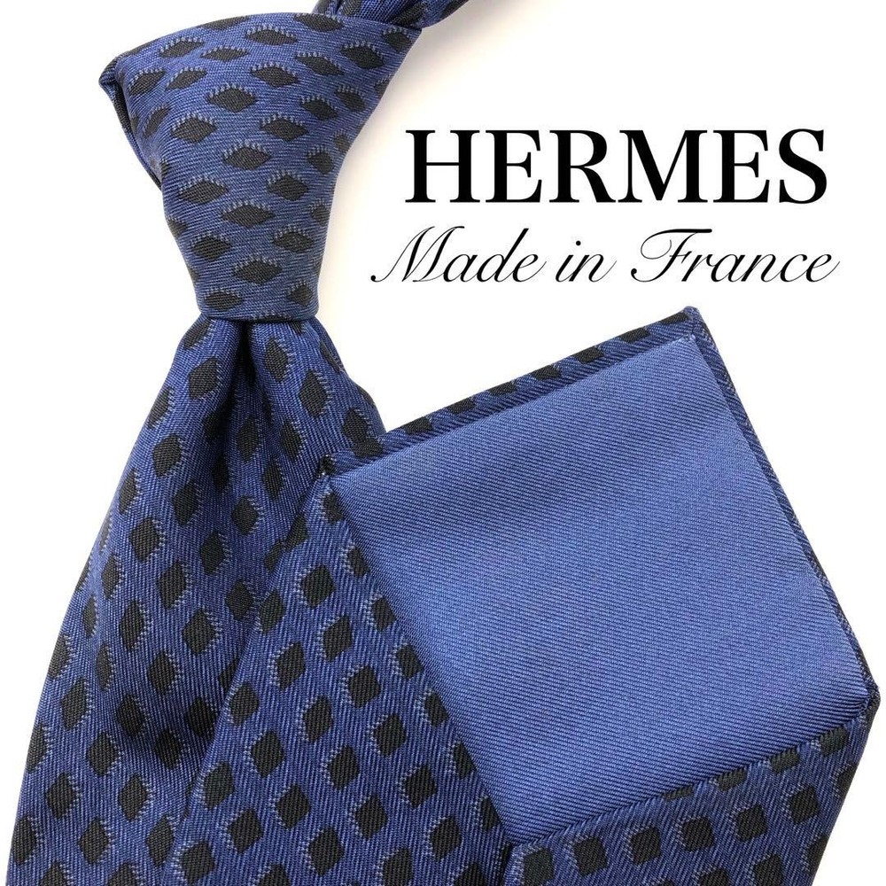 HERMES Necktie Tie All over Check pattern Navy Made in France 100% Silk Used
