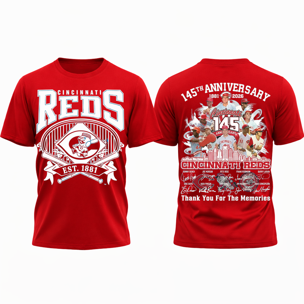 Cincinnati Reds 145th Anniversary 1881-2026 All Over Print Shirt - S to 5XL
