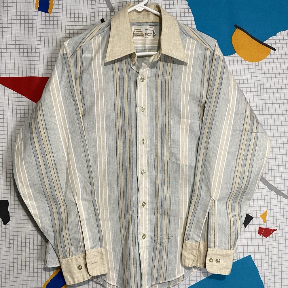 Vintage 70s Sears Striped Shirt Dagger Collar Large Hippie Boho Disco Perm Press