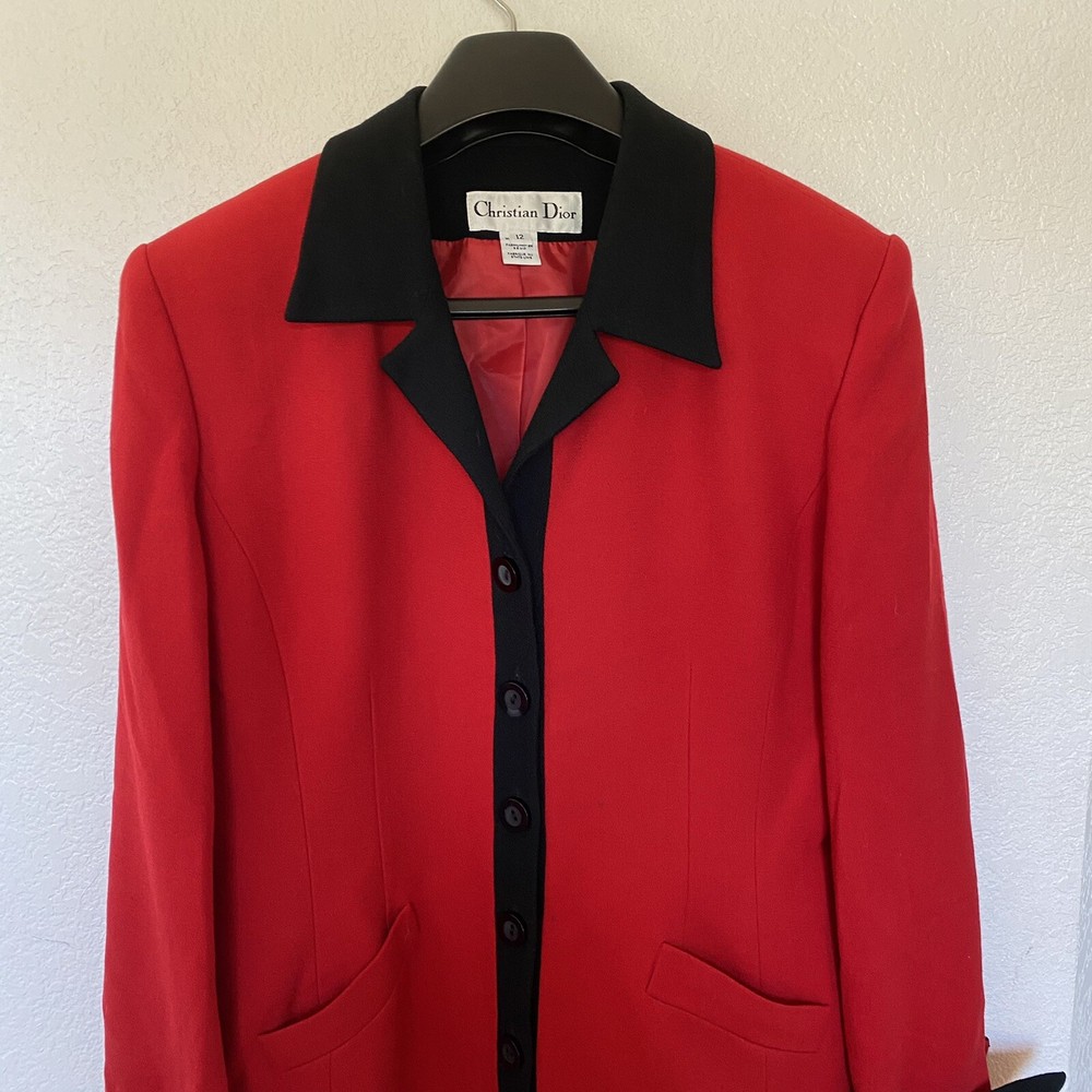 Christian Dior Women’s Red w/Black Collar, Placket and Cuffs Jacket Blazer Sz 12