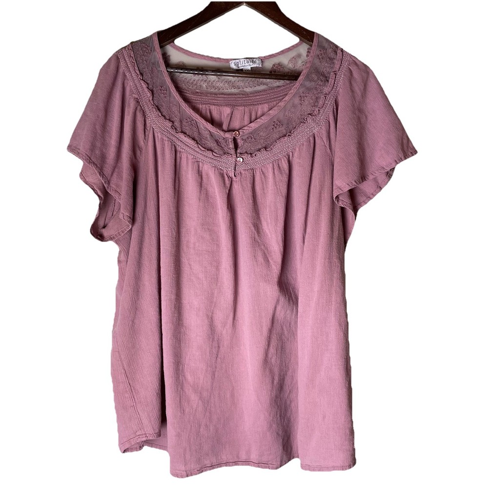 Solitaire by Ravi Khosla Top Blouse Womens XXL Embroidered Peasant Pink Lace