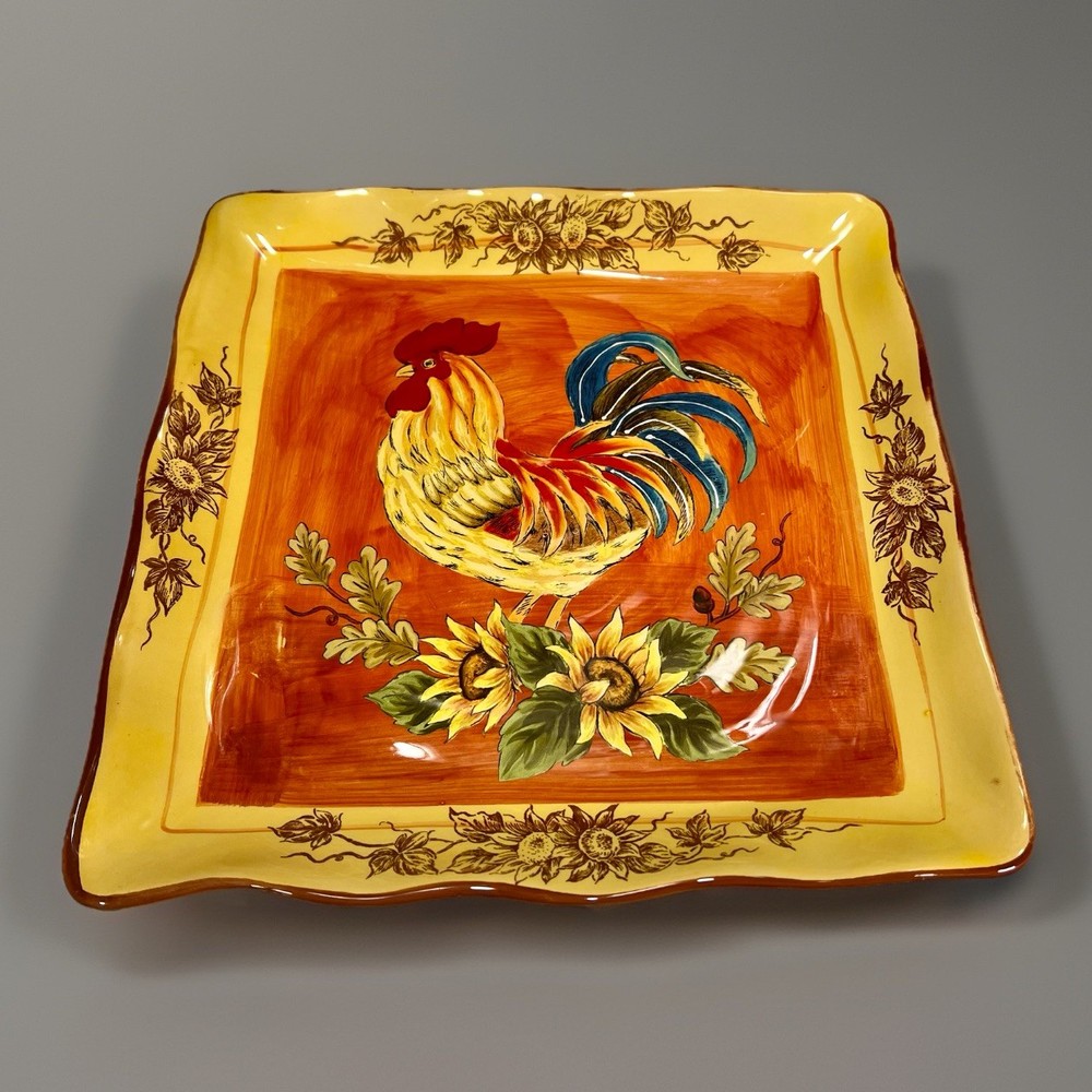 Vintage Maxcera Hand Painted Orange Rooster And Sunflower Platter 11.5
