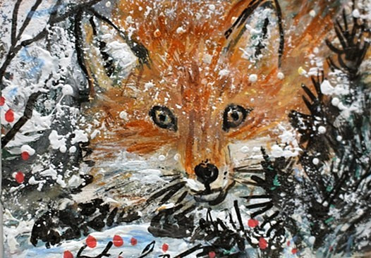 ORIGINAL ACEO Painting Red FOX Winter Snow Pine Tree Landscape Animal Nature ART