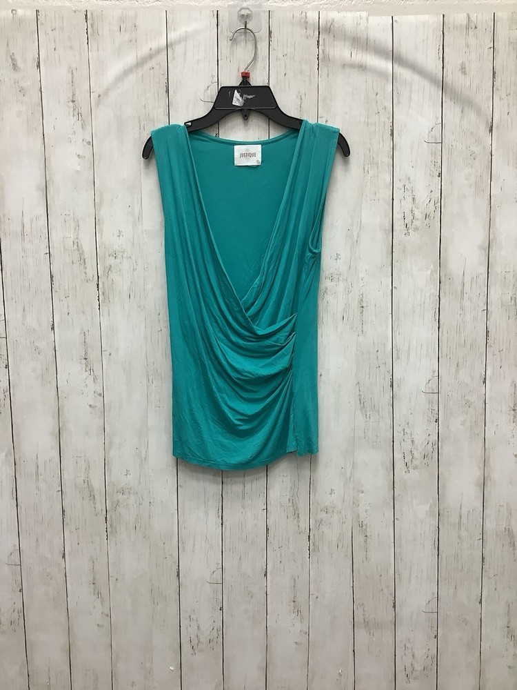 Justique Women's Teal Draped V-Neck Sleeveless Blouse, Size Medium