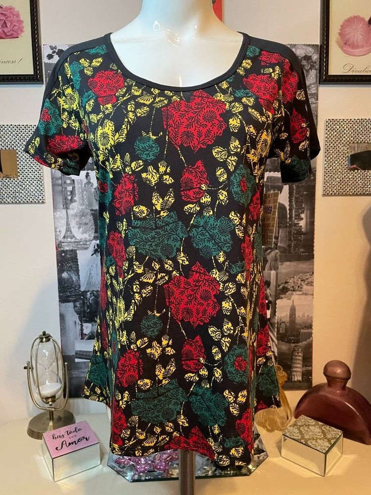 New Woman's LuLaRoe Black Red Yellow Floral Pattern Hi-lo CLASSIC T Size XS