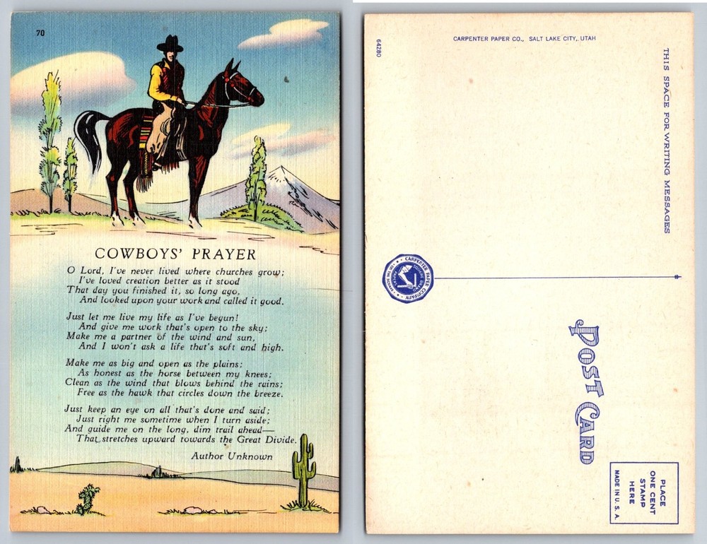Vintage Cowboy's Prayer Postcard Western Landscape Poem Carpenter Paper Co.