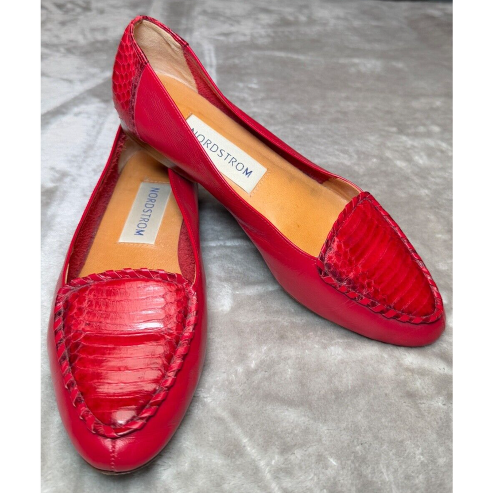 Nordstrom Vintage Red Leather Snake Print Accented Flats Womens Size 7.5 N