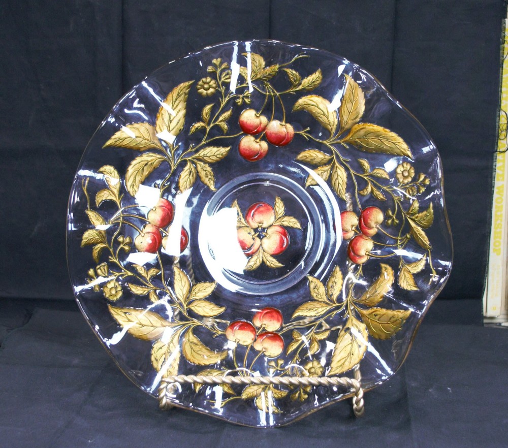 Goofus Glass scalloped edge fruit  bowl? red and gold cherries with gold leafs