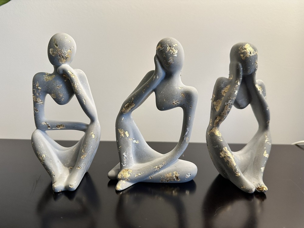 Abstract Thinker Sculptures Set of 3 in Light Gray and Gold-image