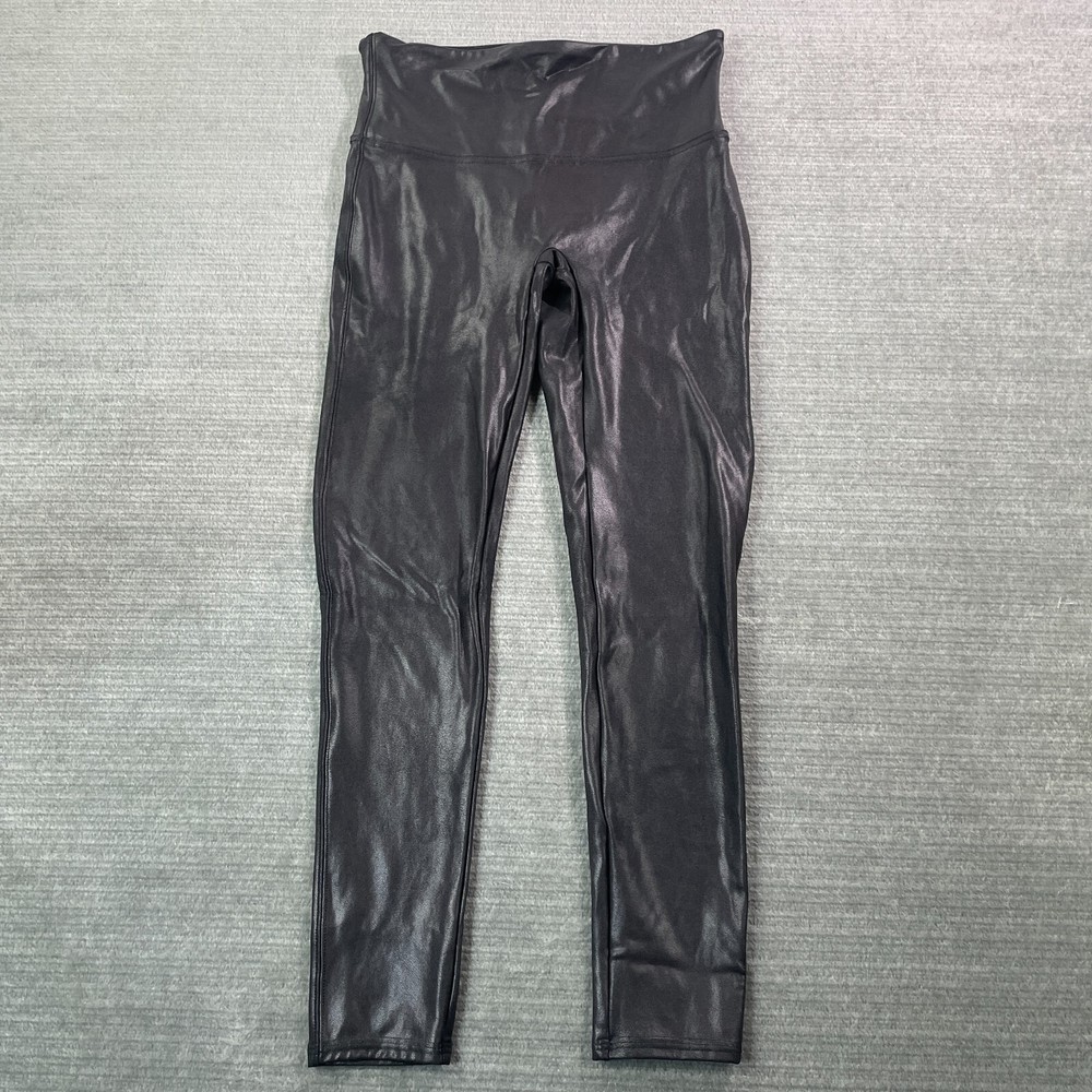 SPANX Womens High Rise Faux Leather Leggings in Black Shiny Rock Finish