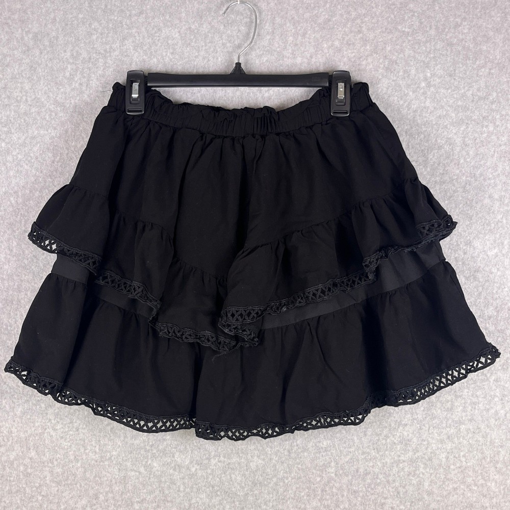 SHEIN Skirt Women's L Black Tiered Ruffle Mini Lace Trim Boho Goth Cottagecore