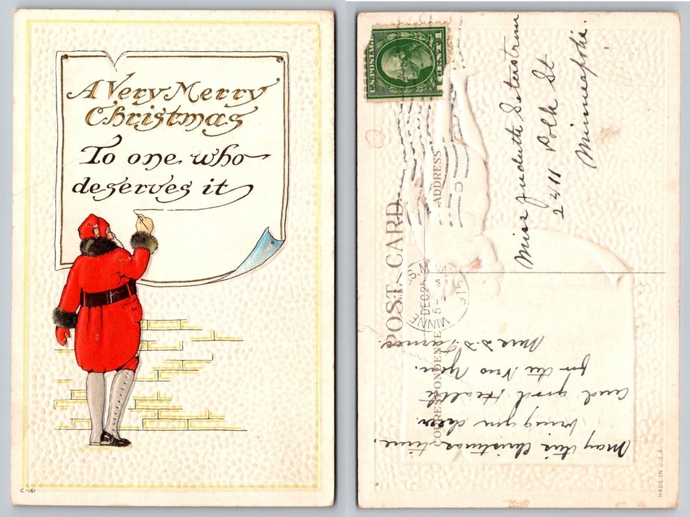 Vintage Embossed Christmas Santa Postcard 1910s Minneapolis Postmark
