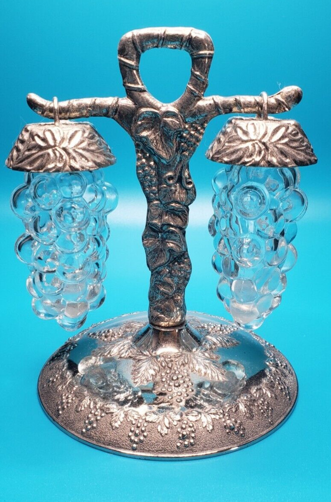 Vintage Clear Glass Grape Salt and Pepper Shakers Silverplate Hanging Stand