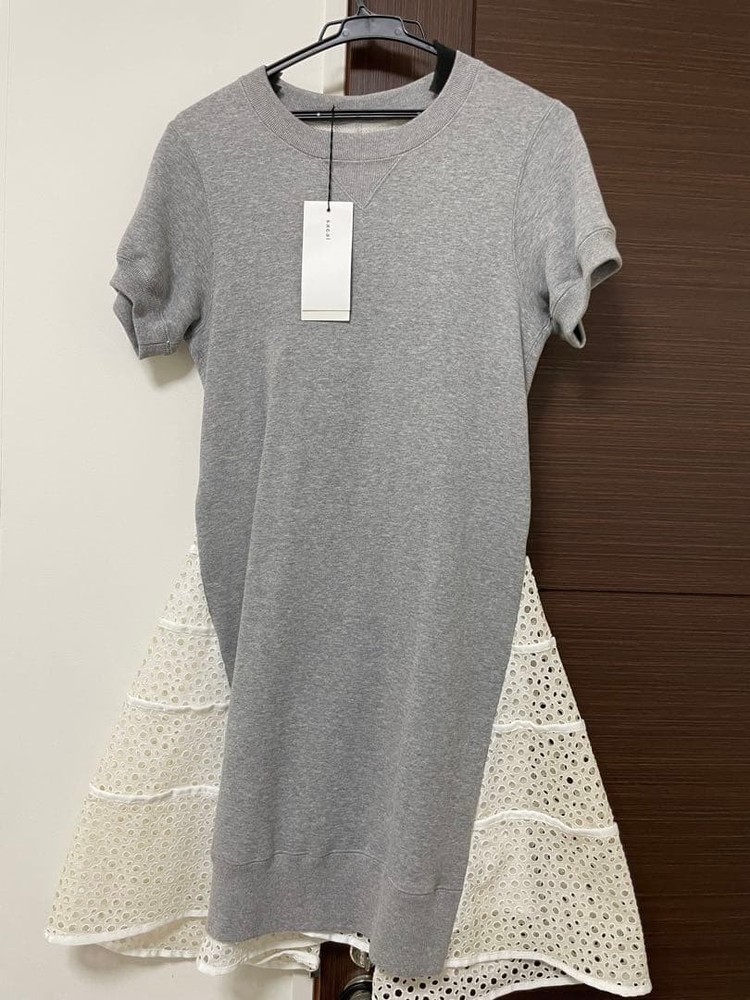 sacai Gray Cotton Lace Short Sleeve Top Dress Size M New with Tag