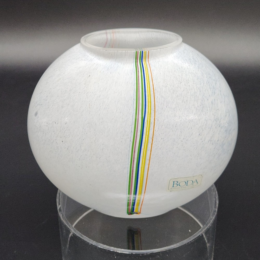 Vtg Signed Kosta Boda Art Glass Vase White Stripes 5.5