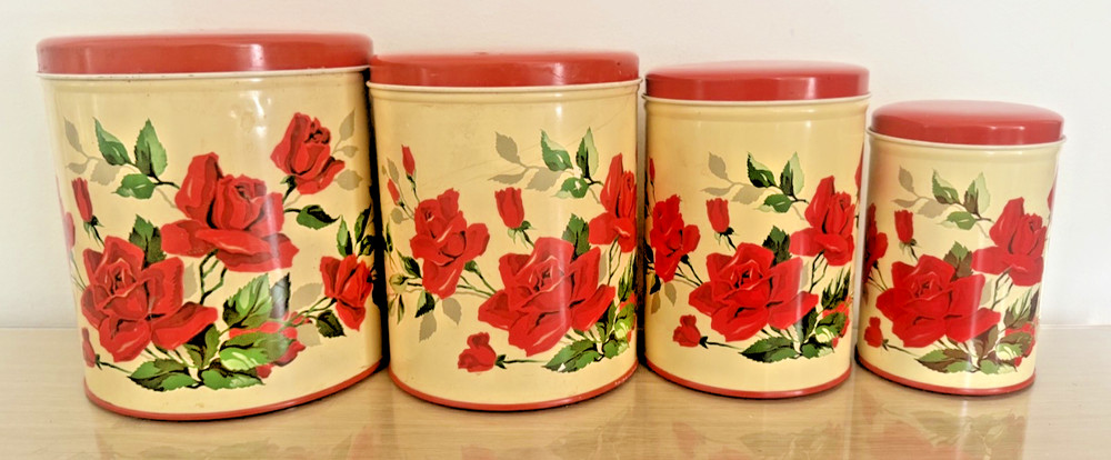 Vintage 50’s Red Rose Metal Canister Set Of 4