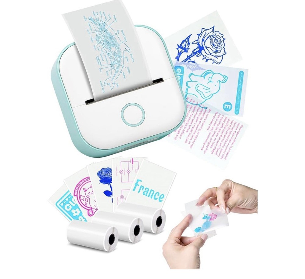 Mini Portable Printer with 3 Paper Rolls for Study Photos Stickers T02