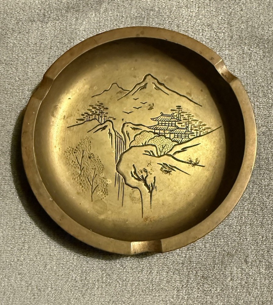 Vintage Brass Ashtray Engraved Asian Landscape Pagoda Mid Century Japan