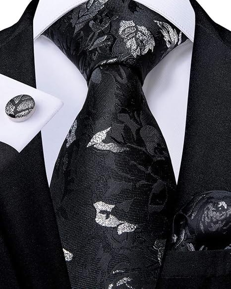Black and Silver Floral Tie and Pocket Square Silk Tie Cuffflinks Set Formal ...