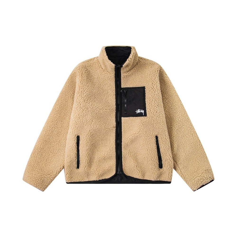 Stussy FW24 SHERPA REVERSIBLE JACKET Lamb fleece unisex outer zip Beige/Blue