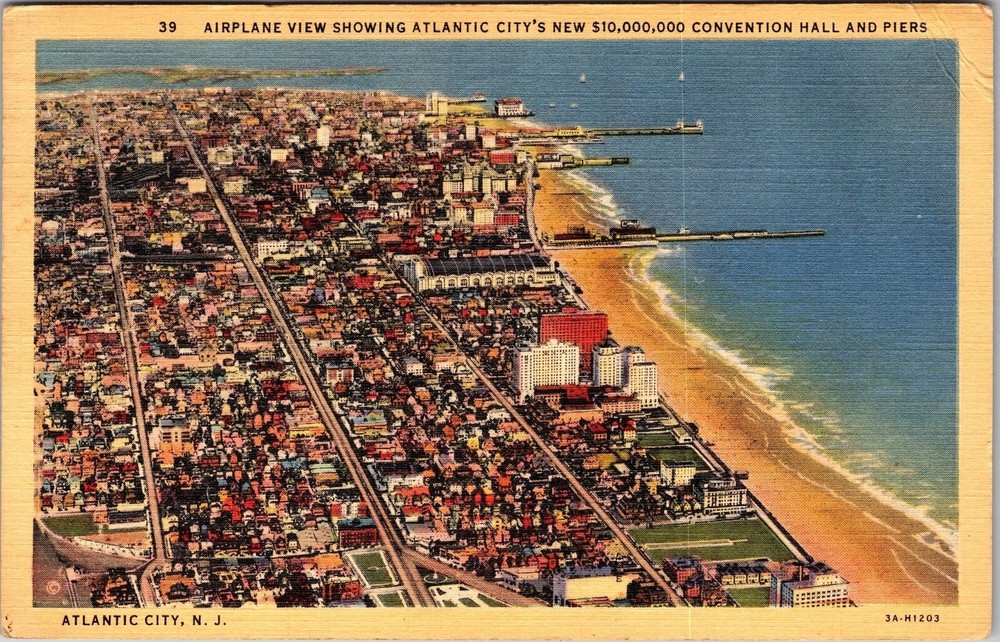 Atlantic City NJ-New Jersey Aerial City View Piers, Beach Vintagec1942 Postcard
