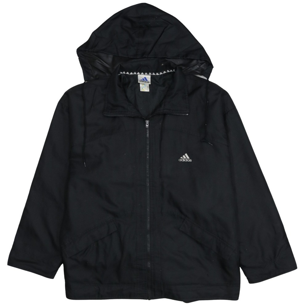 Adidas Mens Windbreaker Jacket Black Hooded Full Zip Pockets Logo Sports L