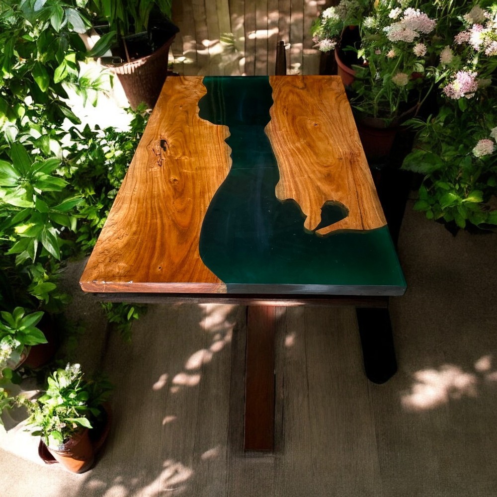Green Epoxy Resin Dining Table Handmade Art Countertop Farmhouse Furniture Decor