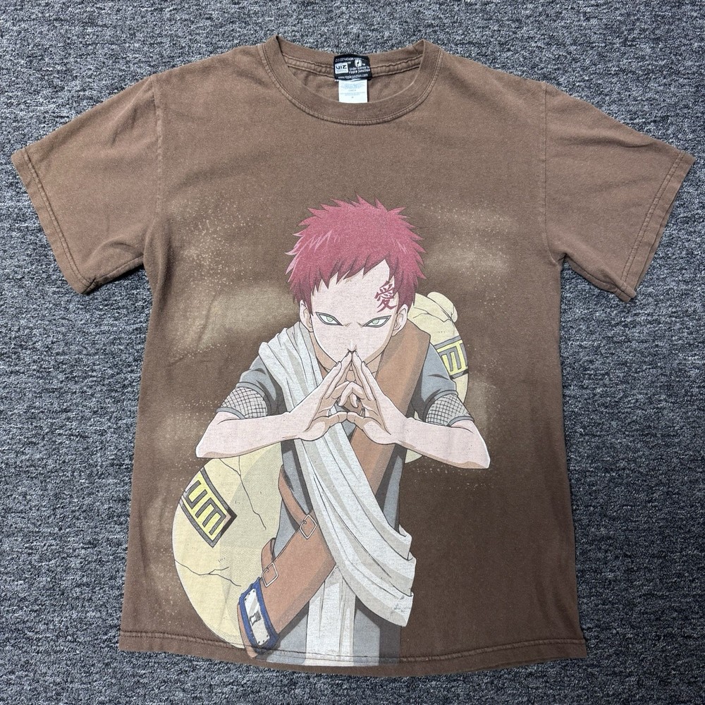 Vintage RARE Y2K Naruto Gaara Sand Print Anime Brown T-Shirt Mens - Size S