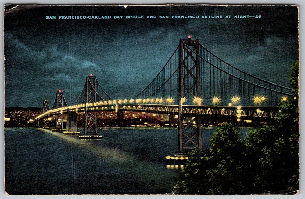 Vtg Linen Postcard Bay Bridge Night Skyline San Francisco, CA 1930s
