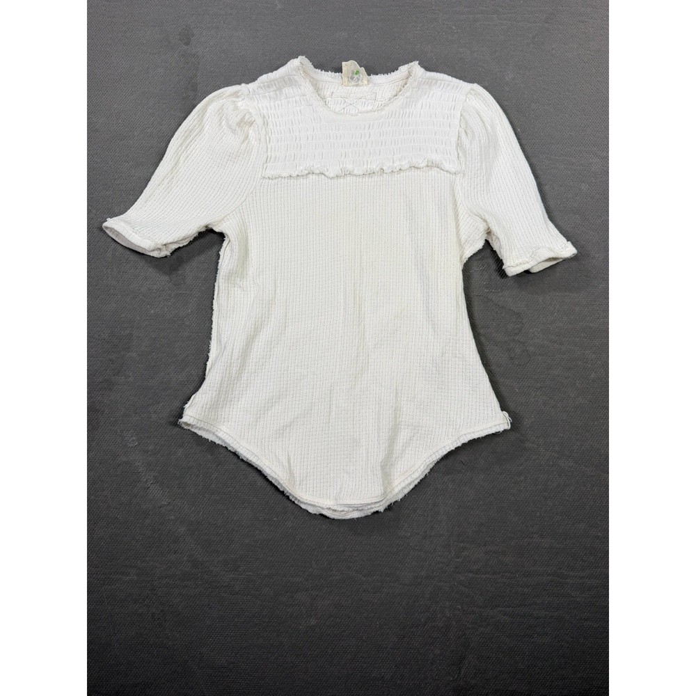Free People We The Free Smocked Yoke Thermal Top Cream White Short Sleeve Small