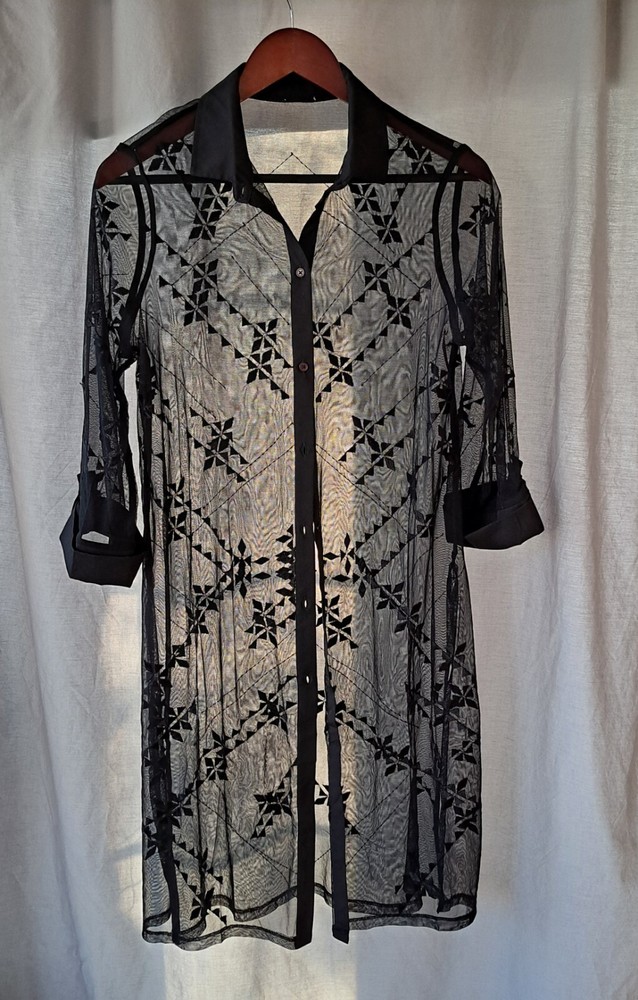 Chicos Whimsigoth  Mesh Embroidered Collared Button Front Duster Tunic Small