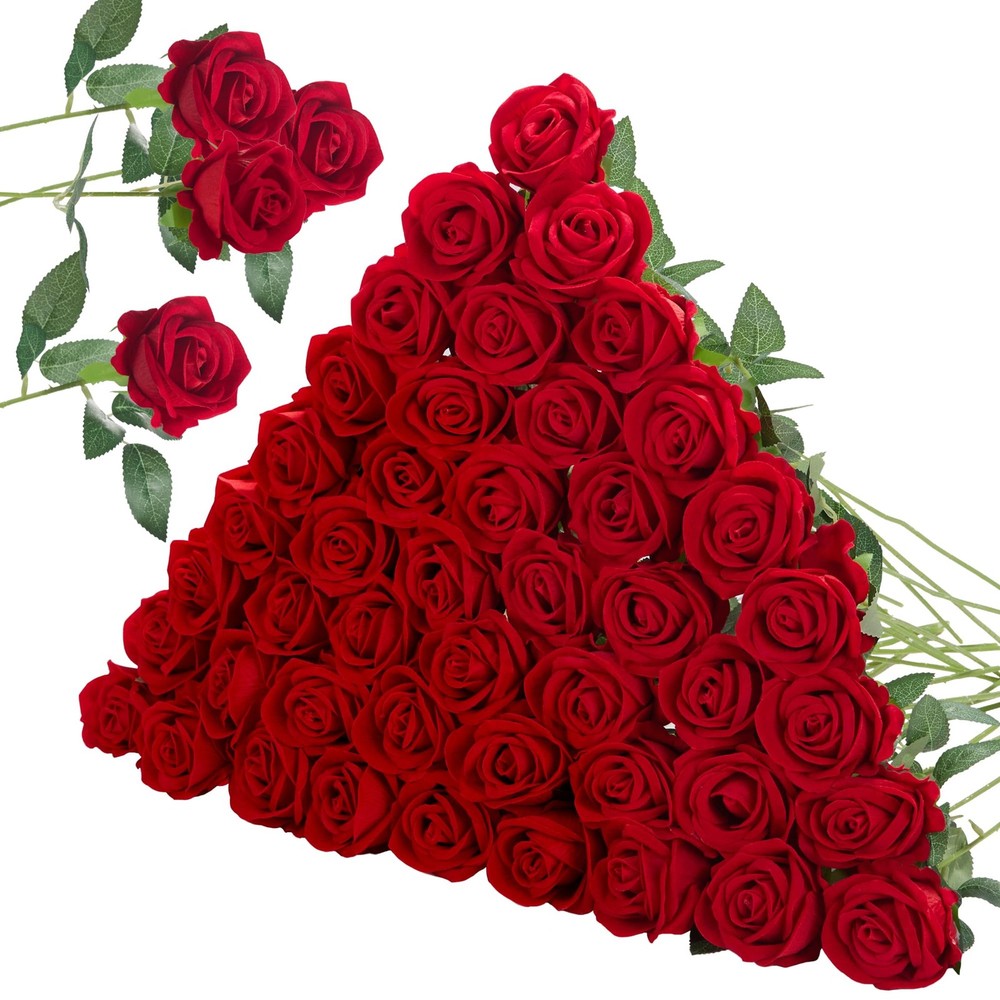 50 Pcs Red Roses Artificial Flowers Fake Velvet Silk Rose Bulk Faux Flower fo