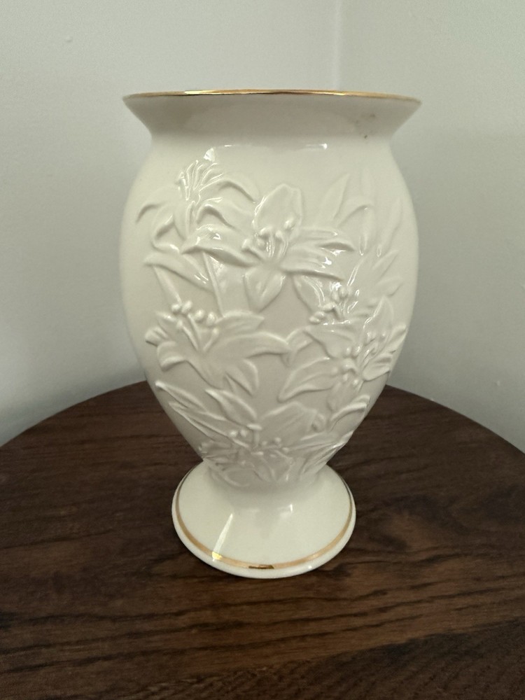 Vintage Lenox Lily Vase embossed 8”L Cream w/Gold Trim  Collection