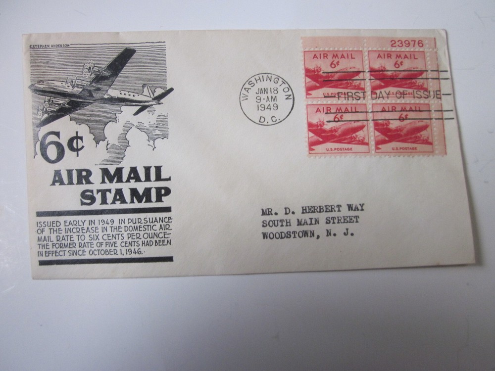 1949 US FDC DC-4 Skymaster C39 Plate Block of 4 with Stephen Anderson Cachet