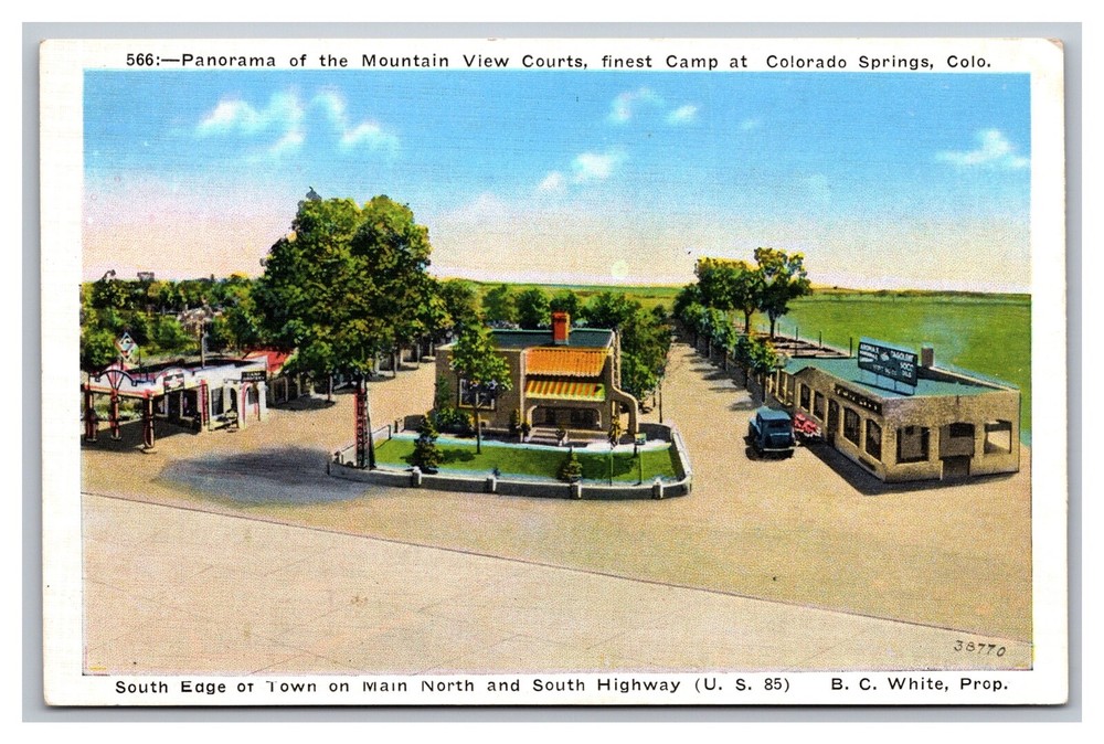 Colorado Springs, CO, Mountain View Courts Birdseye View Panorama Linen Postcard