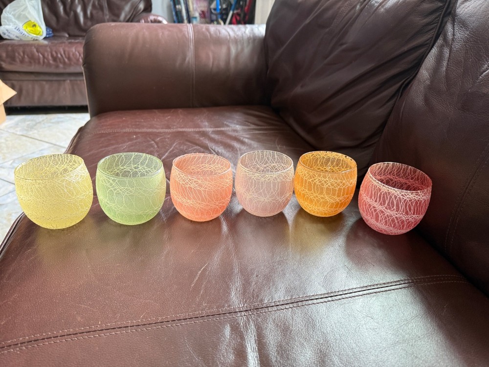 Vintage MCM Spaghetti String Roly Poly Glasses Set 6 Assorted Colors 10 oz