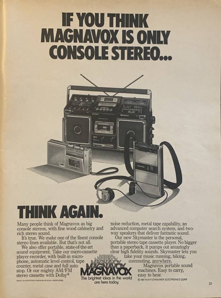 1981 Magnavox Portable Stereo Cassette Player PRINT AD Skymaster BoomBox VTG 80s