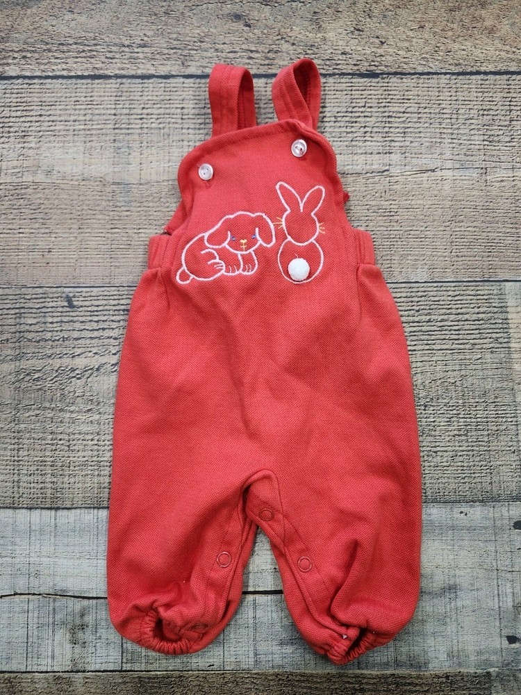 Vtg 80s Red Baby Romper Bodysuit Sz 3 Months Overalls Great Shape Bunny Design