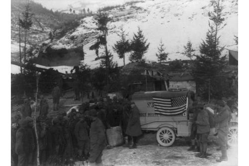 American Red Cross,Monte Grappa,Italian Front,WWI,distributing gifts,wagon,flag