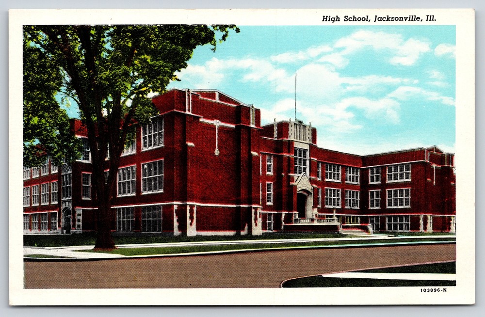 Jacksonville Illinois~High School Bldg Street View~American Art~Vintage Linen PC