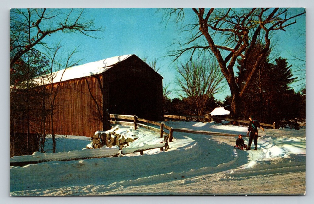 Covered Bridge In New England Area Winter Fun VINTAGE Postcard