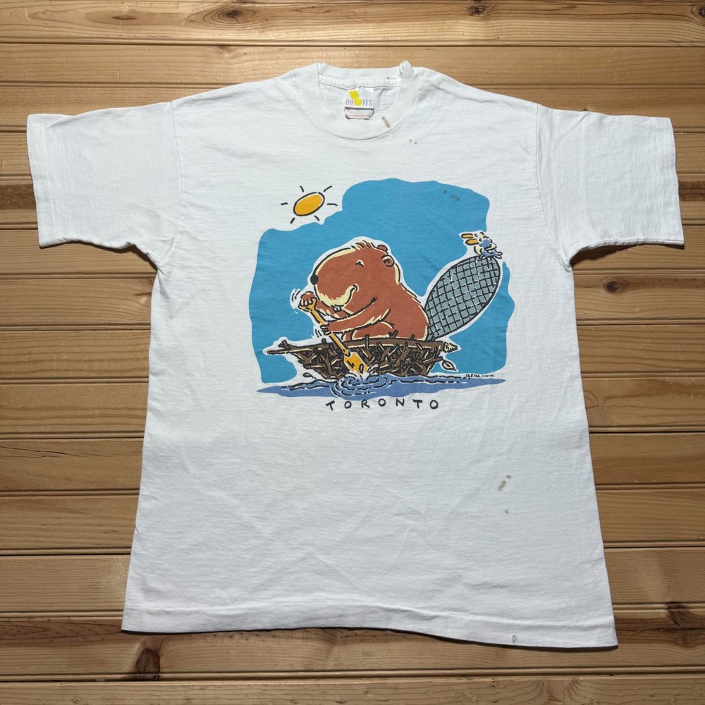 Vintage 80s 90s Toronto Beaver Paddling Cartoon Graphic Art T-Shirt - Size Large
