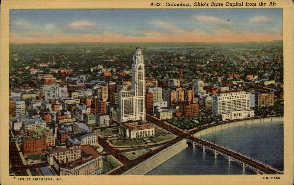 Columbus Ohio State Capitol aerial view Le Veque-Lincoln Tower ~ linen postcard