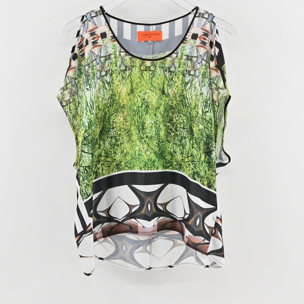 Clover Canyon Womens Graphic Print Blouse Size S Multicolor Abstract Green Black-image
